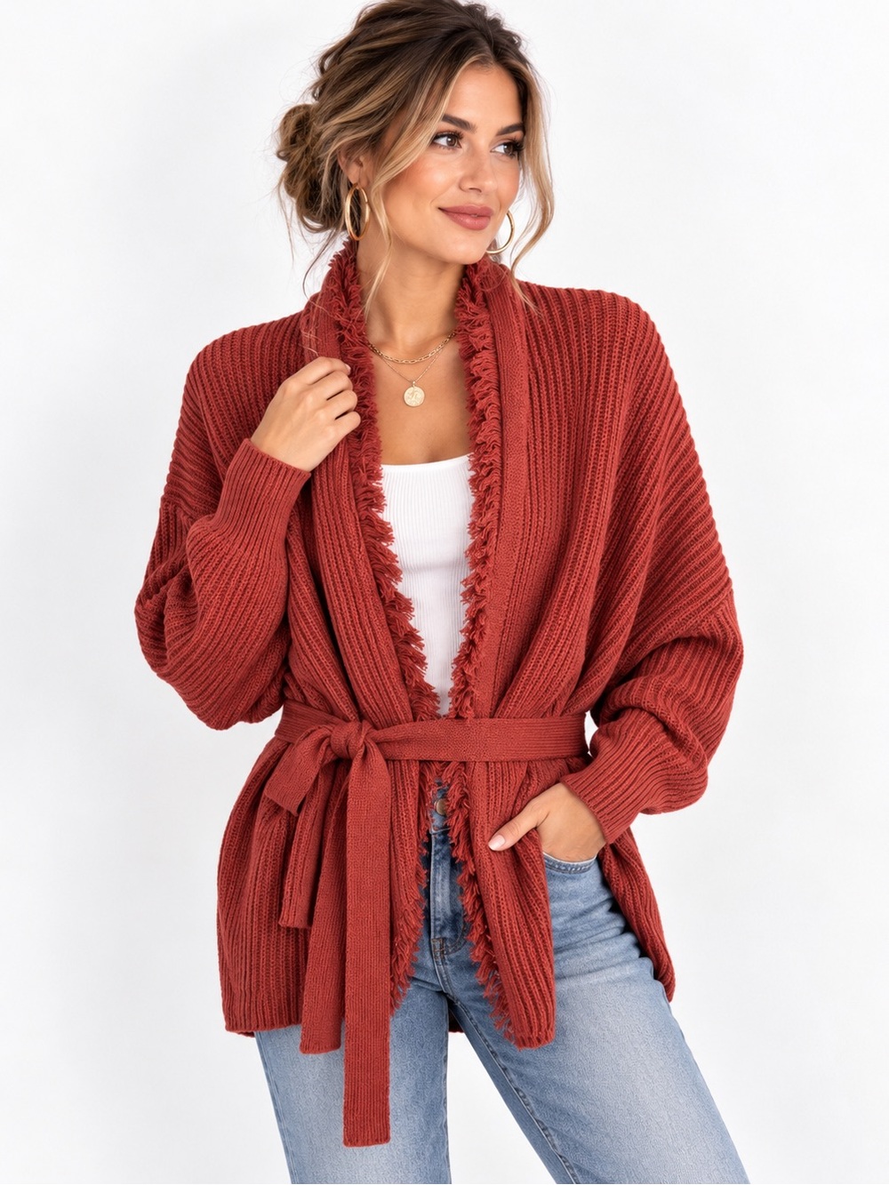 Women's Brick Red Rust Ribbed Knit Belted Cardigan